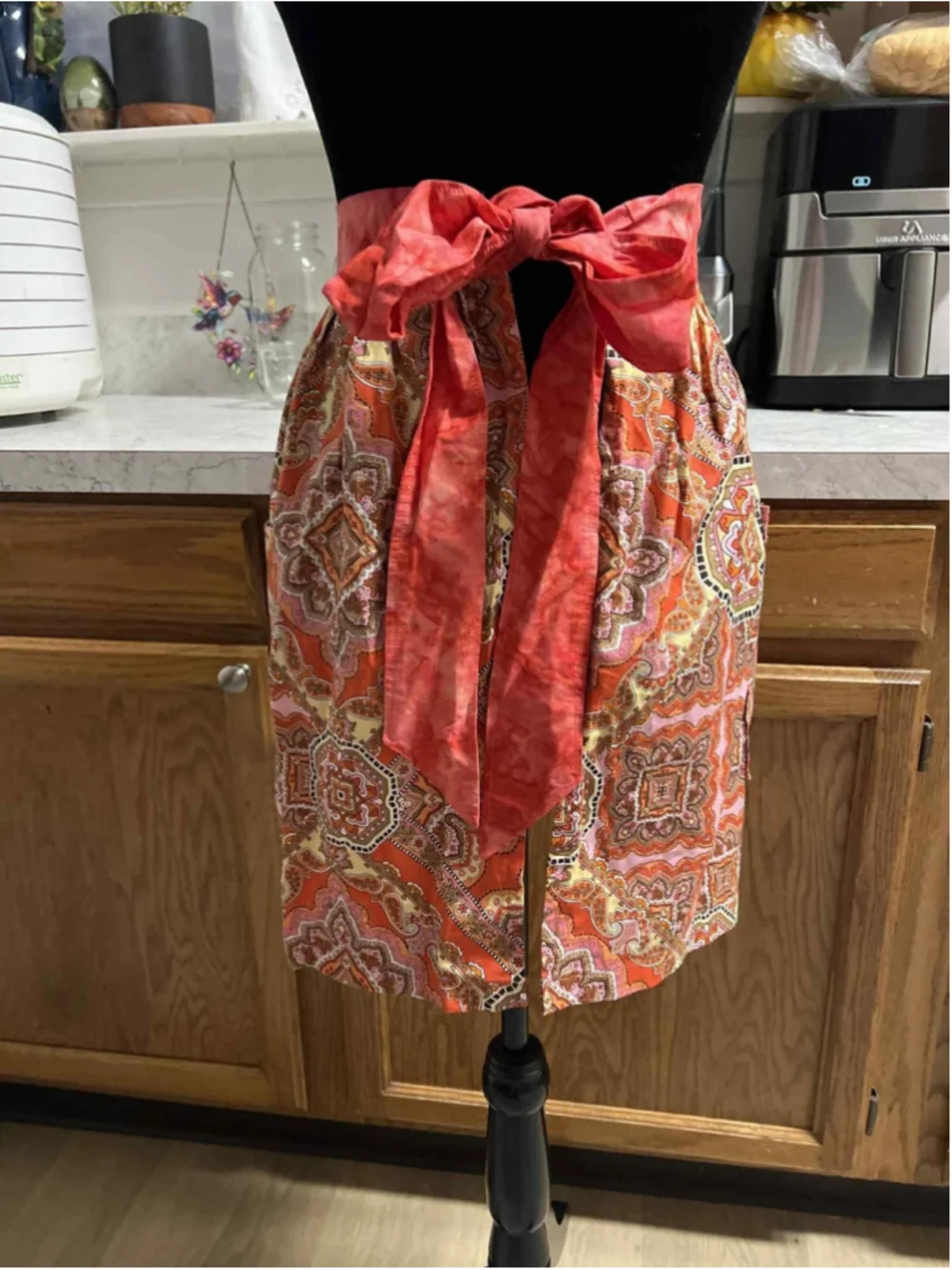 Handmade Kitchen Waist Apron with Pockets Retro Boho Orange Red Pink Pattern NEW